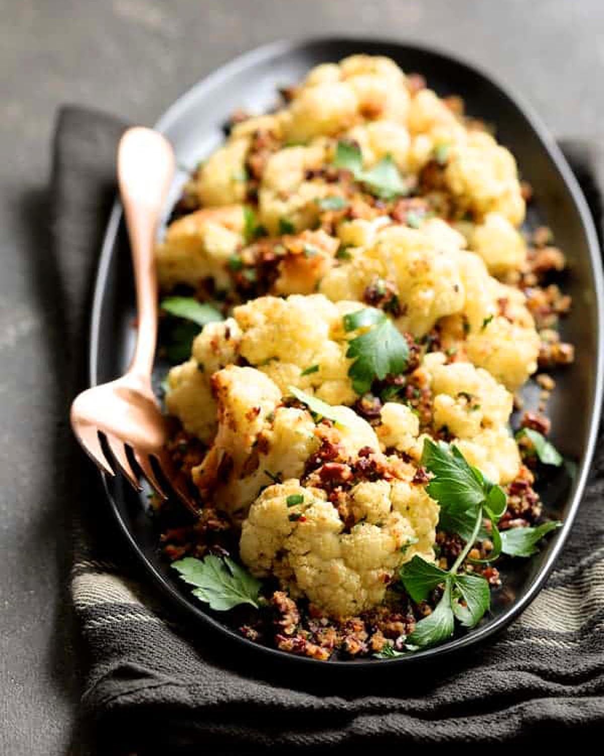 Roasted Cauliflower Recipe with Black Olive Pangrattato