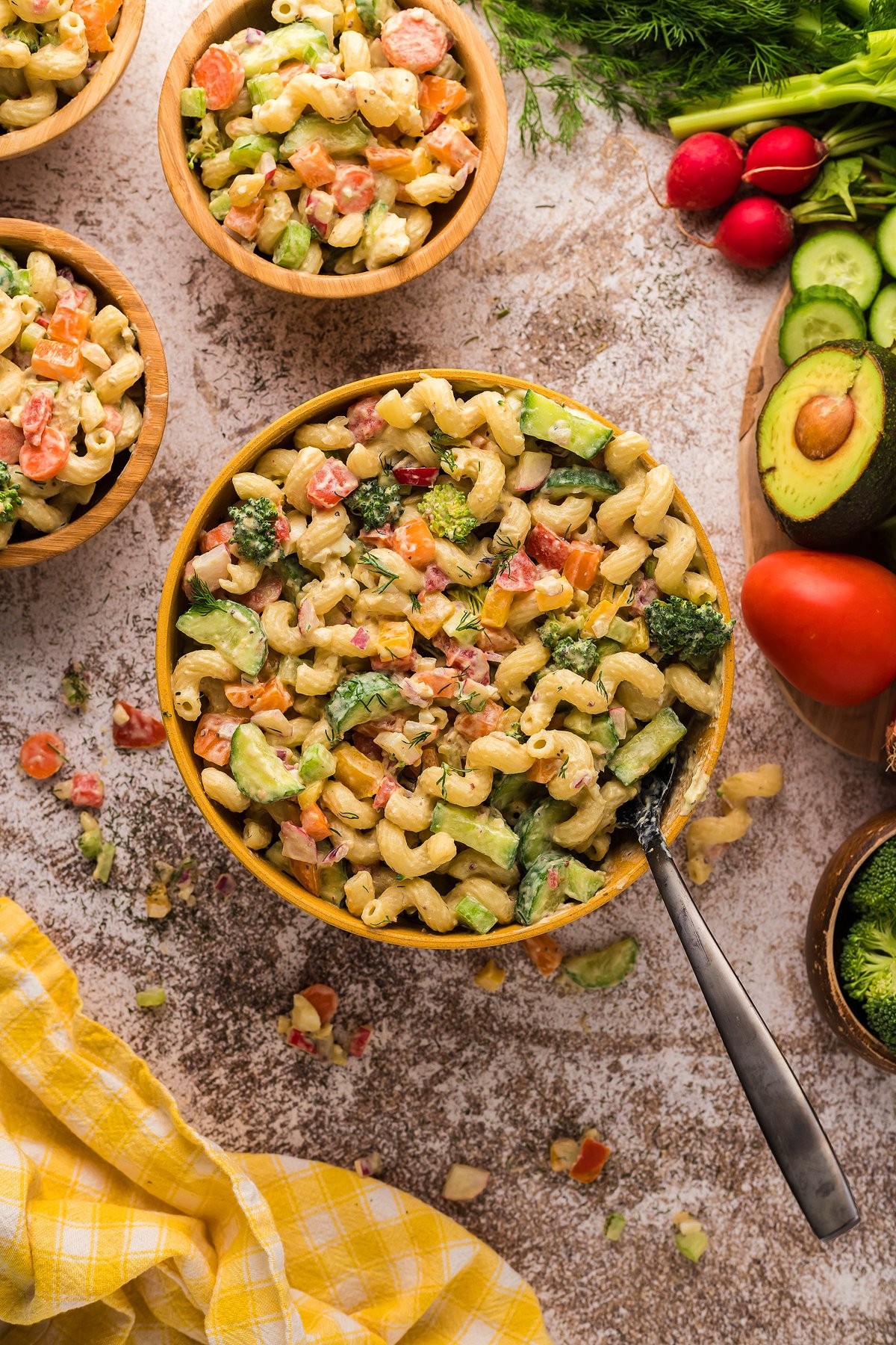 Garden Veggie Macaroni Salad and Creamy Avocado Dressing