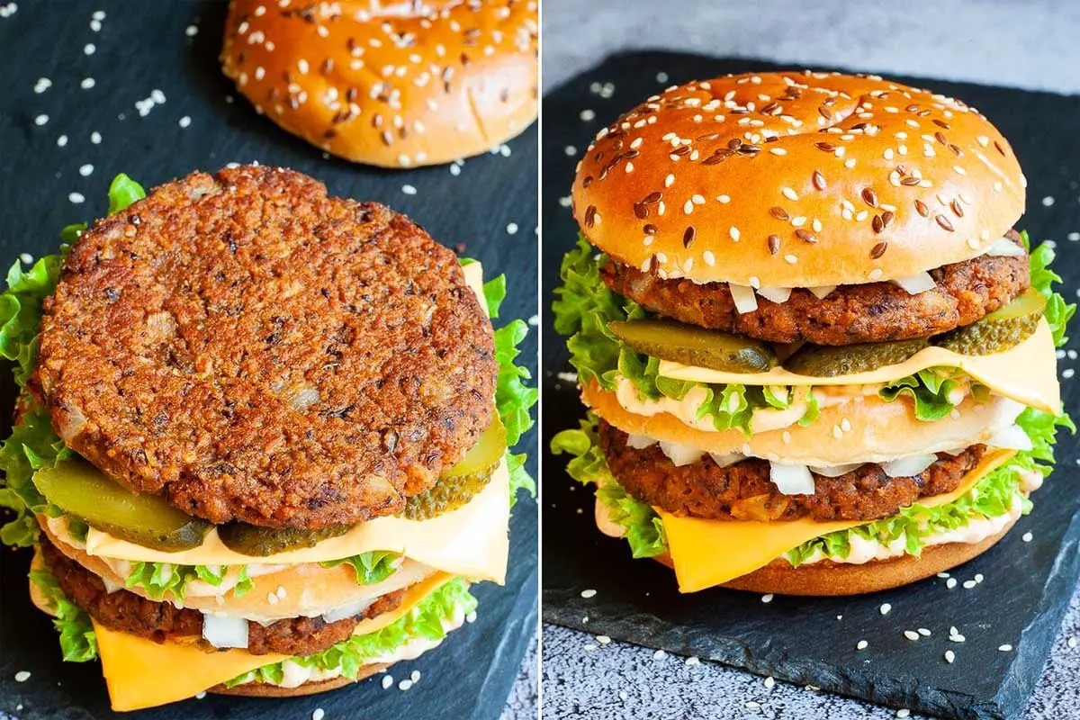 Meaty Vegan TVP Burger (Big Mac Style)