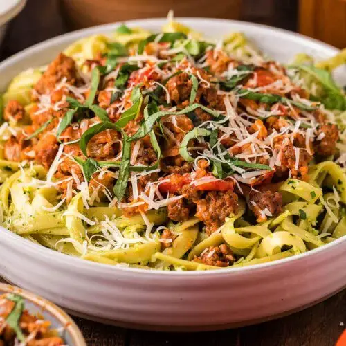 Pesto Fettuccini with Bolognese Sauce Recipe